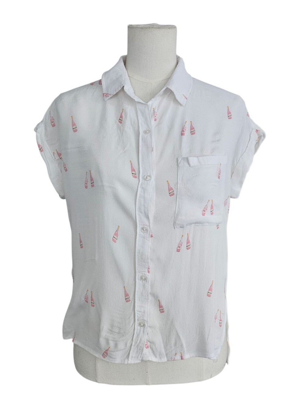 Rails White Short-Sleeve Button-Down with Pink Bottle Print XS